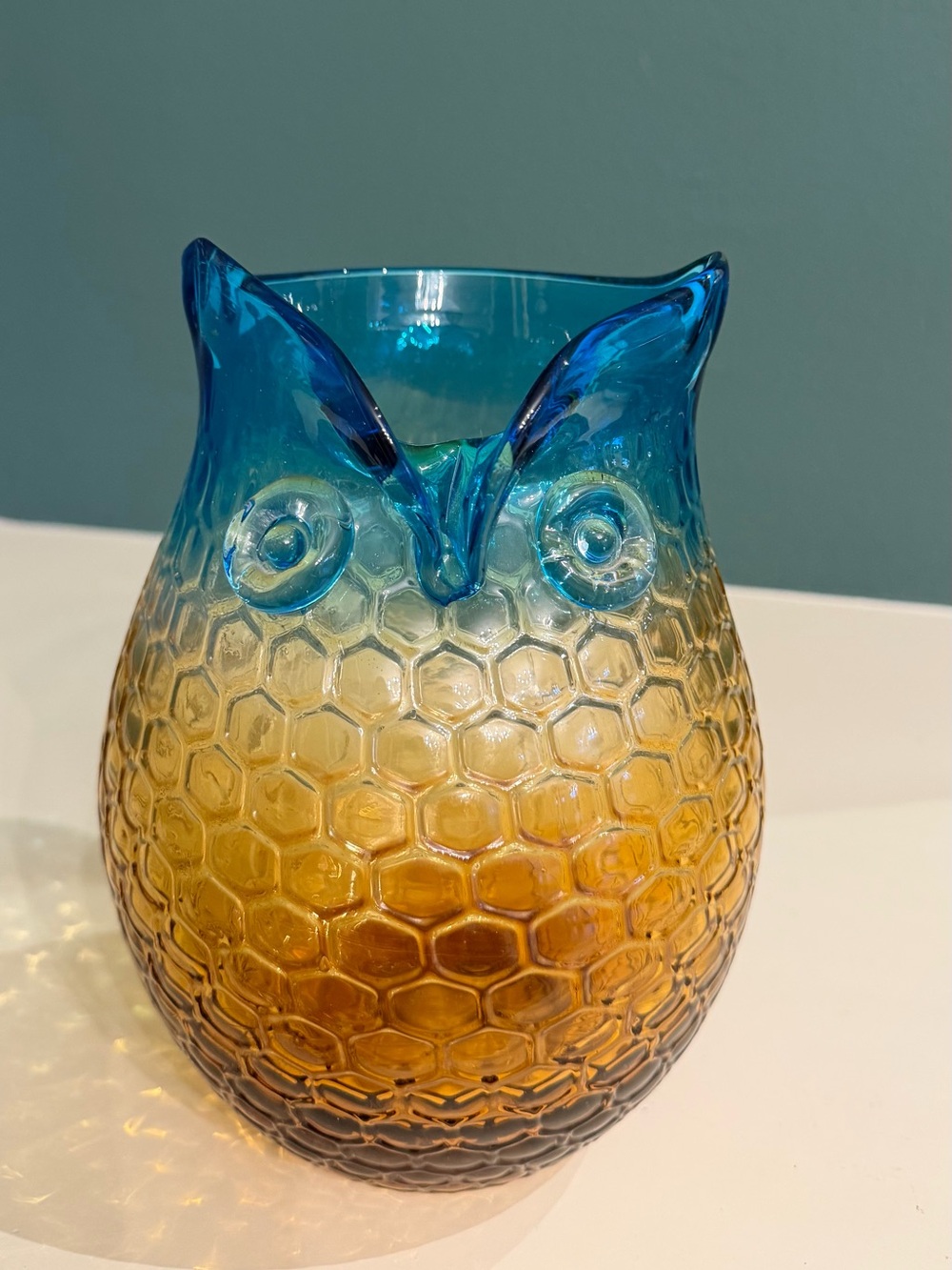Vintage MCMArt Glass Owl Vase Blue Amber Ombré Honeycomb Textured 8.5”